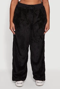 Womens Plus High Waisted Faux Fur Lounge Pants, Black,