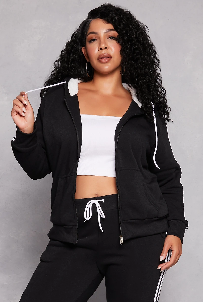 Plus Varsity Stripe Zip Front Sherpa Lined Hoodie