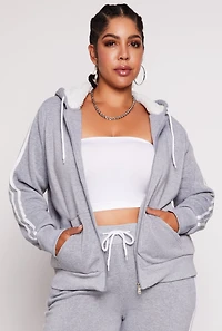 Plus Varsity Stripe Zip Front Sherpa Lined Hoodie