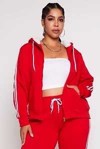 Plus Varsity Stripe Zip Front Sherpa Lined Hoodie