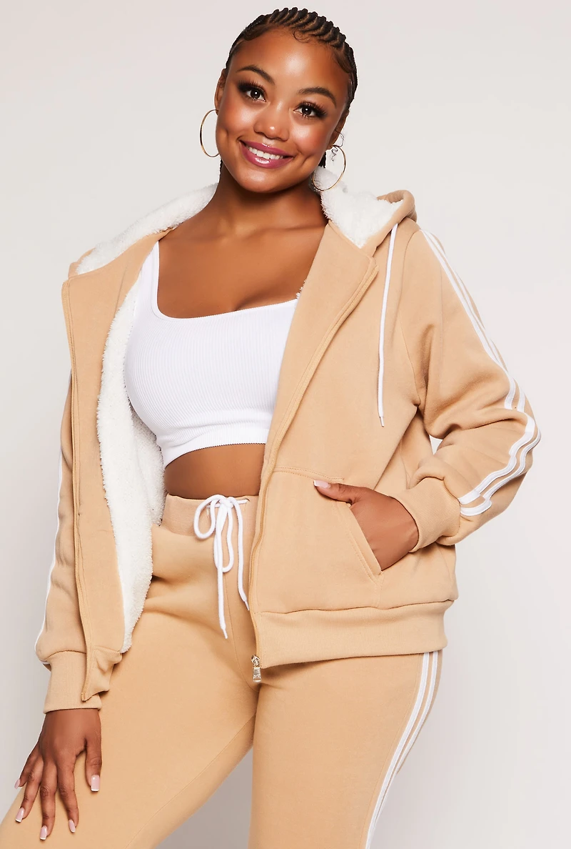 Womens Plus Varsity Stripe Zip Front Sherpa Lined Hoodie,
