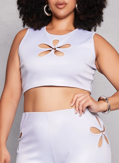 Womens Plus Size O Ring Flower Cut Out Crop Top, Grey, Size 1X