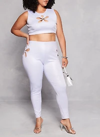 Womens Plus Size O Ring Flower Cut Out Crop Top, Grey, Size 1X