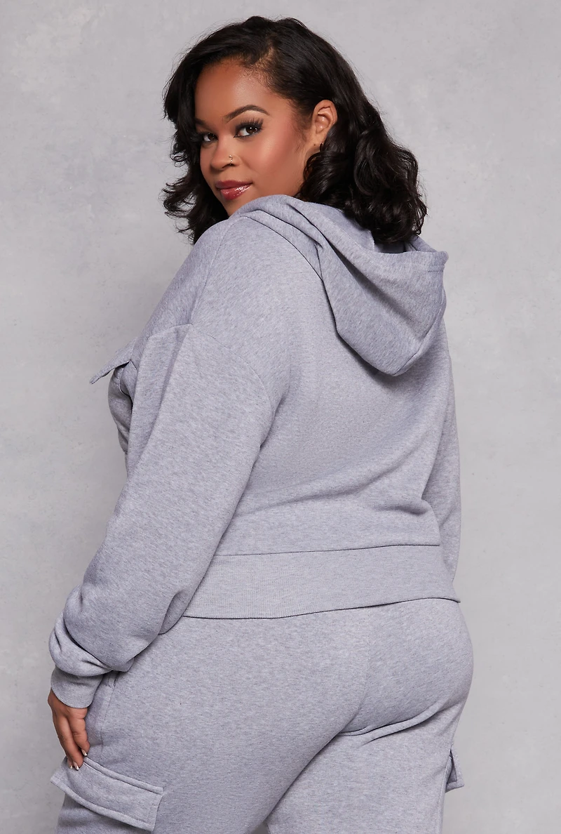Womens Plus Size Fleece Lined Cargo Hooded Sweatshirt, Grey, Size 1X