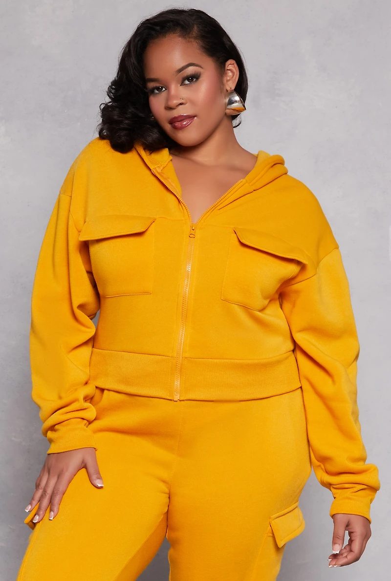 Womens Plus Size Fleece Lined Cargo Hooded Sweatshirt, Yellow, Size 1X