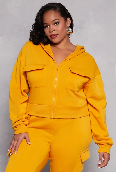 Womens Plus Size Fleece Lined Cargo Hooded Sweatshirt, Yellow, Size 1X