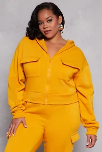 Womens Plus Size Fleece Lined Cargo Hooded Sweatshirt, Yellow, Size 1X
