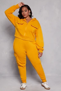Womens Plus Size Fleece Lined Cargo Hooded Sweatshirt, Yellow, Size 1X