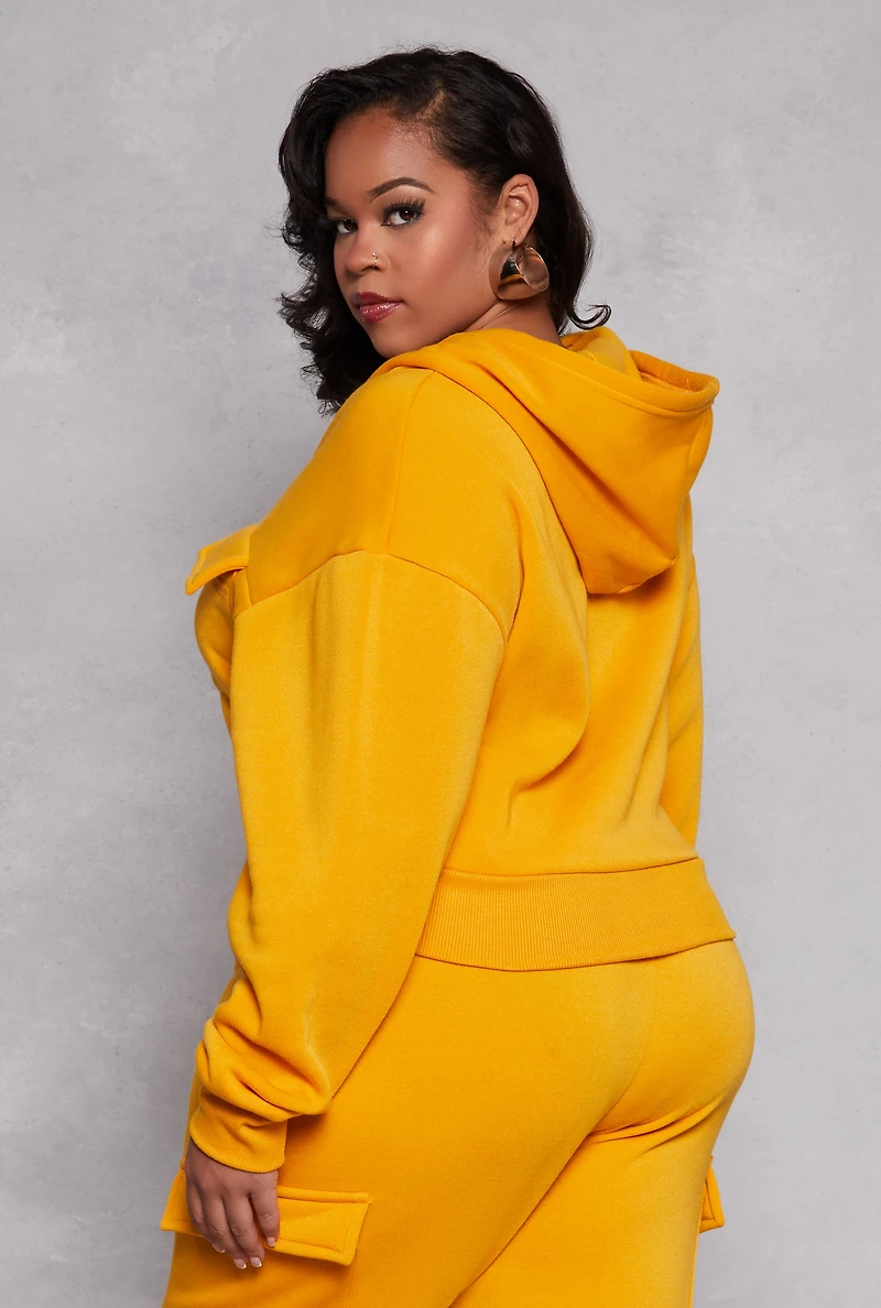 Womens Plus Size Fleece Lined Cargo Hooded Sweatshirt, Yellow, Size 1X
