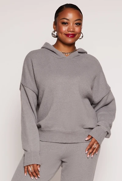 Womens Plus Size Brushed Knit Pullover Hoodie, Grey, Size 1X