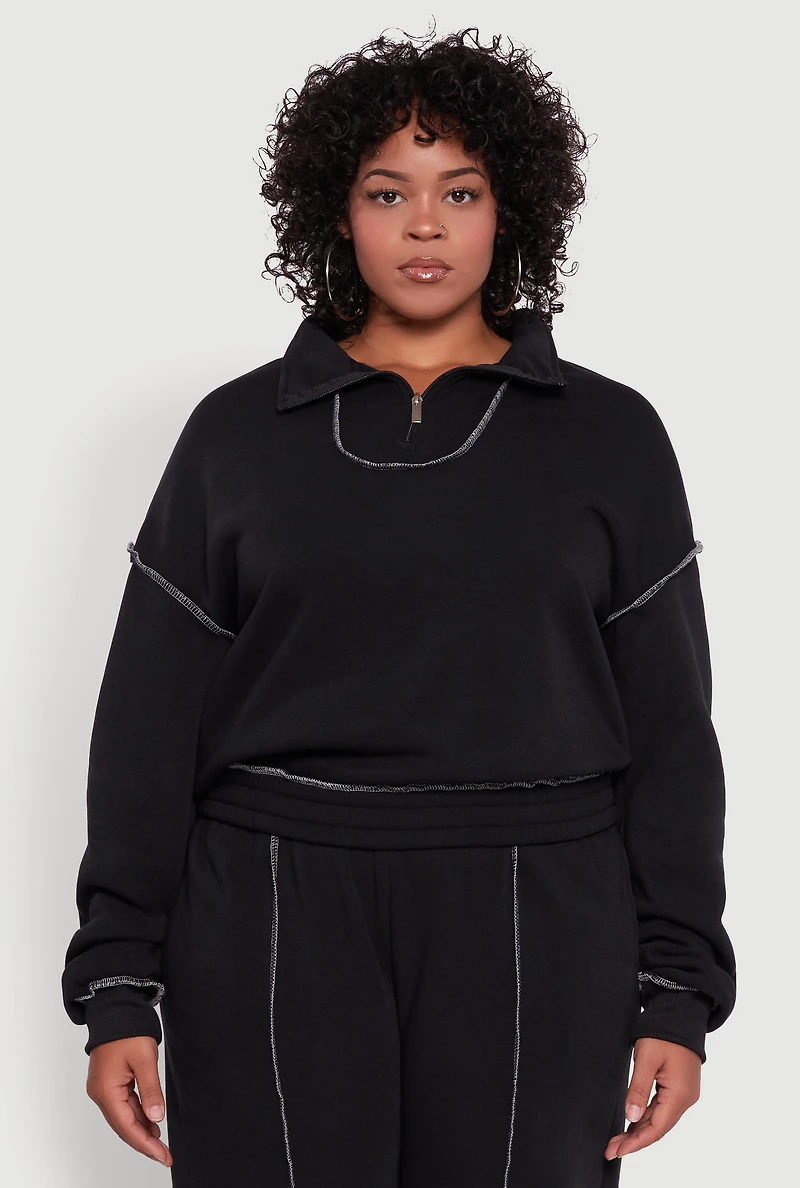Plus Half Zip Decorative Stitch Fleece Lined Sweatshirt