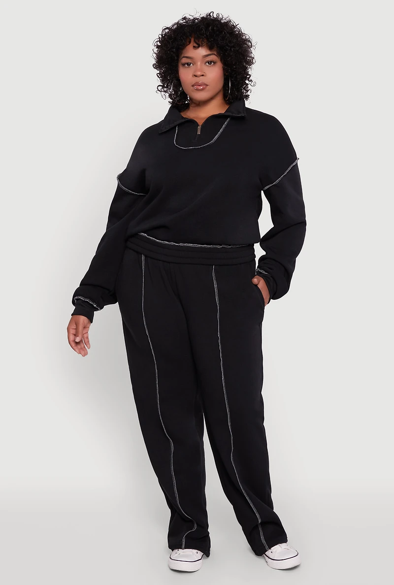 Womens Plus Half Zip Decorative Stitch Fleece Lined Sweatshirt,