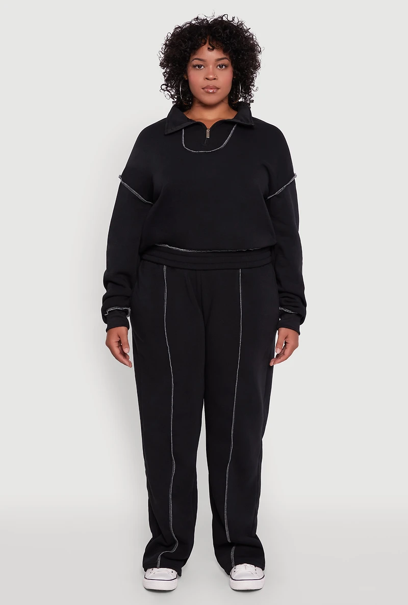 Womens Plus Half Zip Decorative Stitch Fleece Lined Sweatshirt,