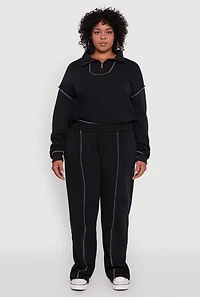 Womens Plus Half Zip Decorative Stitch Fleece Lined Sweatshirt,