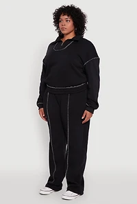 Womens Plus Half Zip Decorative Stitch Fleece Lined Sweatshirt,