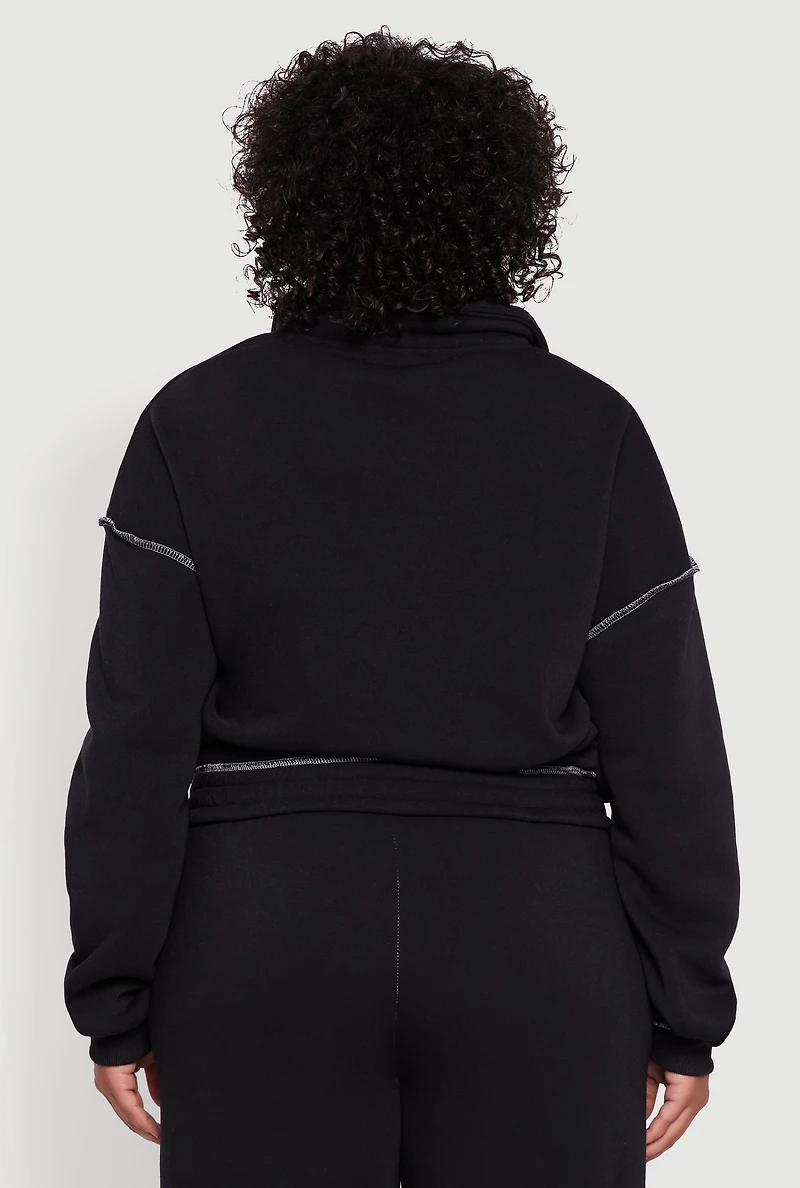 Womens Plus Half Zip Decorative Stitch Fleece Lined Sweatshirt,
