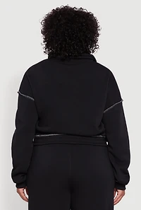 Womens Plus Half Zip Decorative Stitch Fleece Lined Sweatshirt,