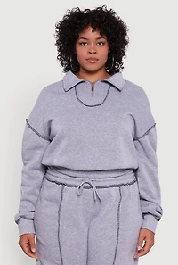 Womens Plus Half Zip Decorative Stitch Fleece Lined Sweatshirt, Grey,