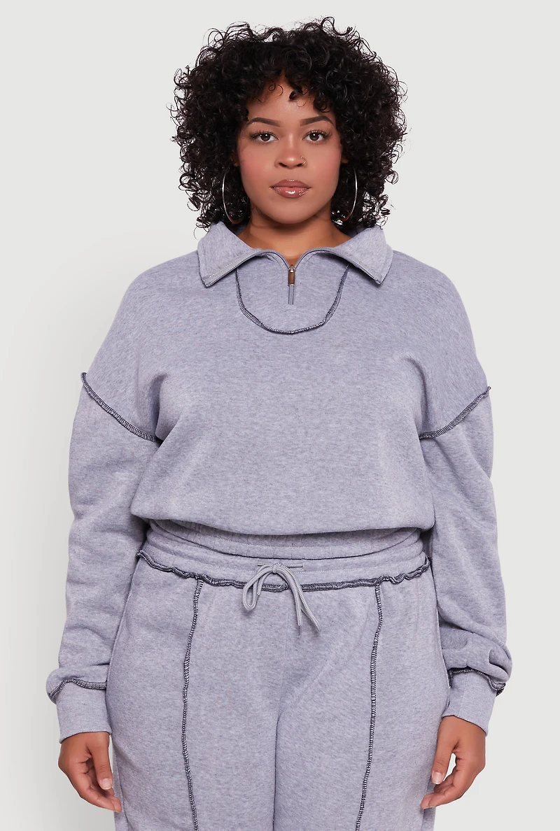 Plus Half Zip Decorative Stitch Fleece Lined Sweatshirt