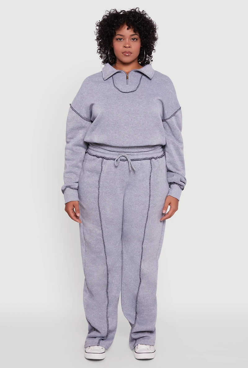 Womens Plus Size Half Zip Decorative Stitch Fleece Lined Sweatshirt, Grey, Size 2X