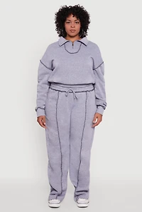 Womens Plus Size Half Zip Decorative Stitch Fleece Lined Sweatshirt, Grey, Size 2X