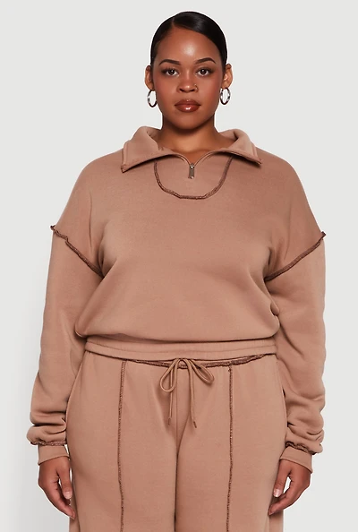Womens Plus Half Zip Decorative Stitch Fleece Lined Sweatshirt,