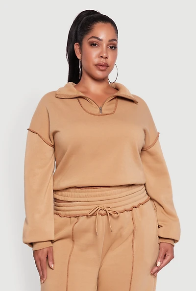 Womens Plus Half Zip Decorative Stitch Fleece Lined Sweatshirt,