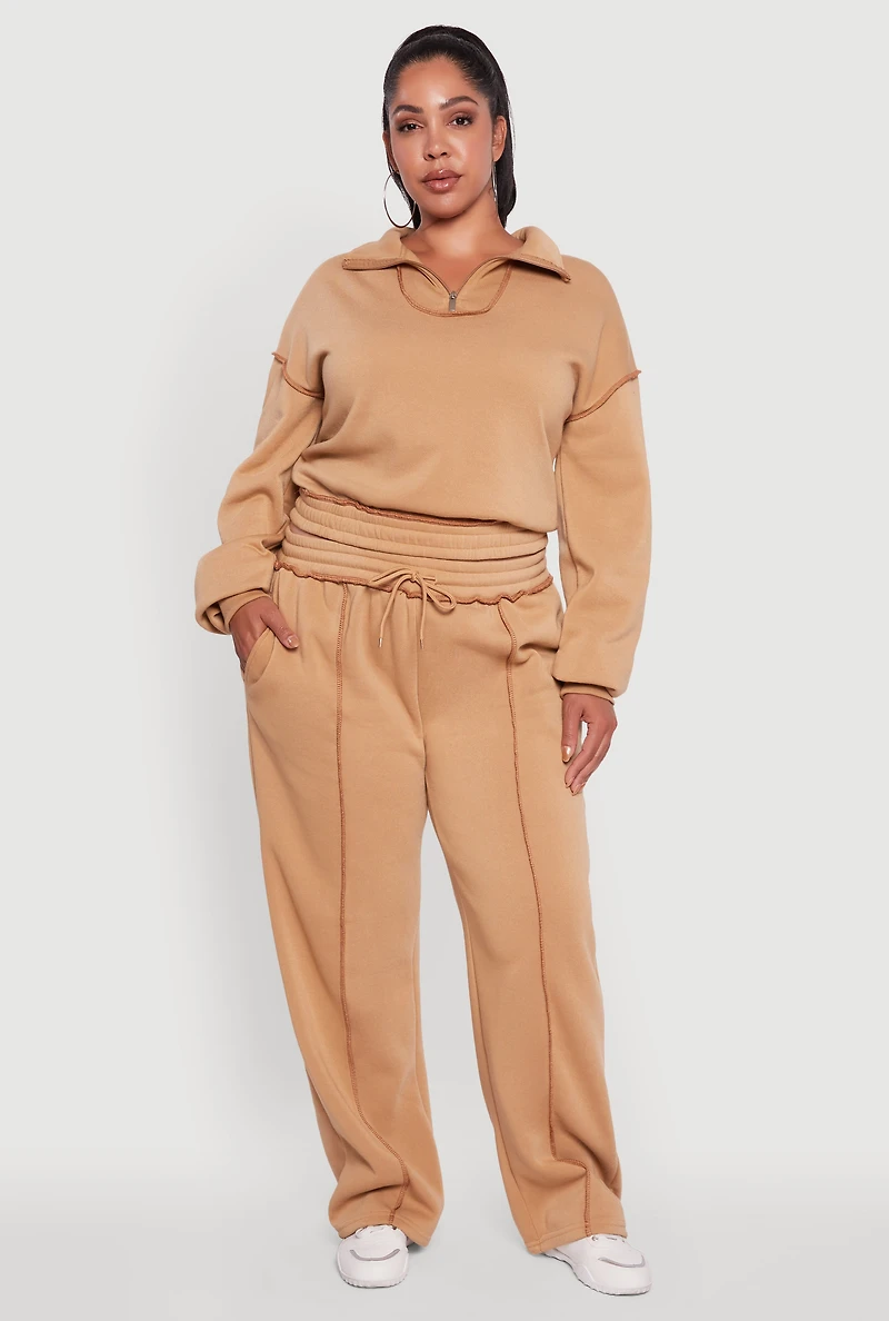 Plus Half Zip Decorative Stitch Fleece Lined Sweatshirt