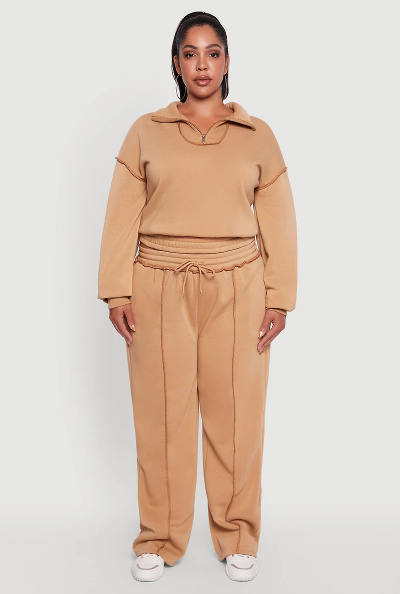 Plus Half Zip Decorative Stitch Fleece Lined Sweatshirt