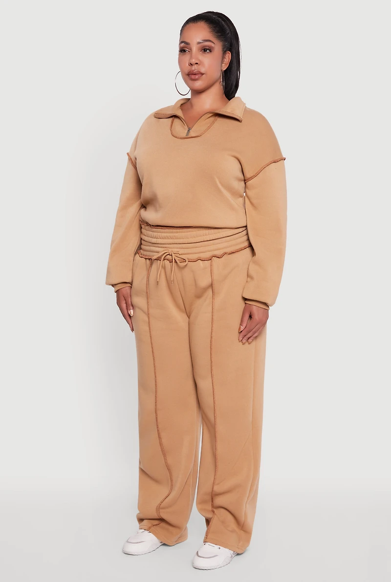 Plus Half Zip Decorative Stitch Fleece Lined Sweatshirt