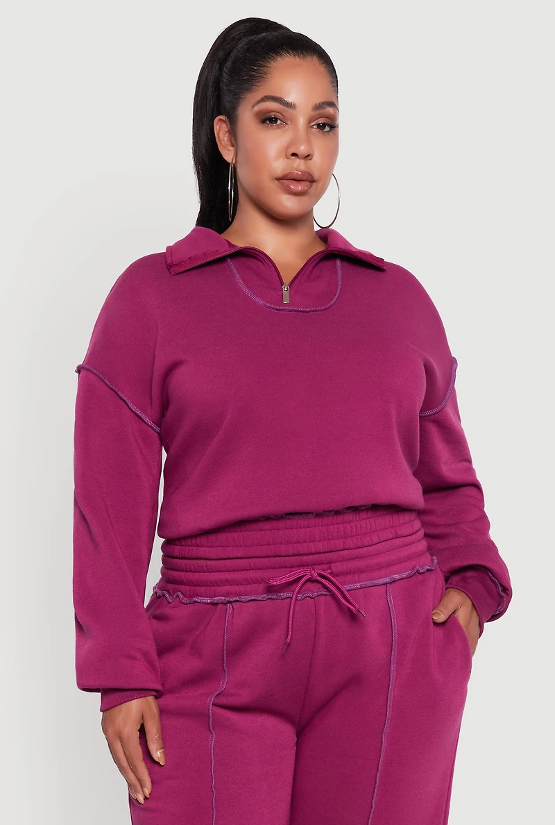 Plus Half Zip Decorative Stitch Fleece Lined Sweatshirt