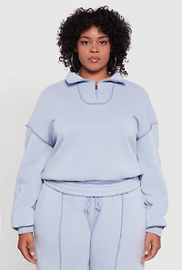 Plus Half Zip Decorative Stitch Fleece Lined Sweatshirt