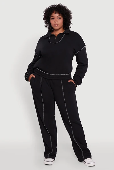 Womens Plus High Waisted Wide Leg Fleece Sweatpants,