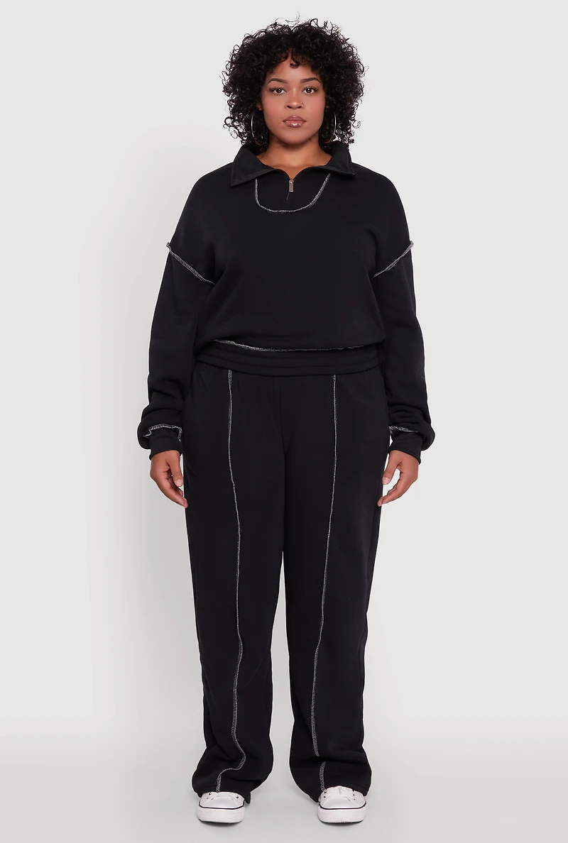 Womens Plus Size High Waisted Wide Leg Fleece Sweatpants, Black, Size 1X