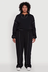Womens Plus Size High Waisted Wide Leg Fleece Sweatpants, Black, Size 1X
