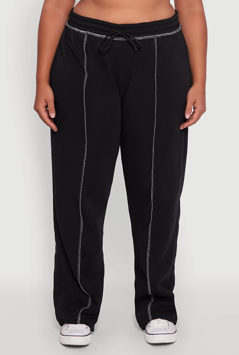 Womens Plus Size High Waisted Wide Leg Fleece Sweatpants, Black, Size 1X