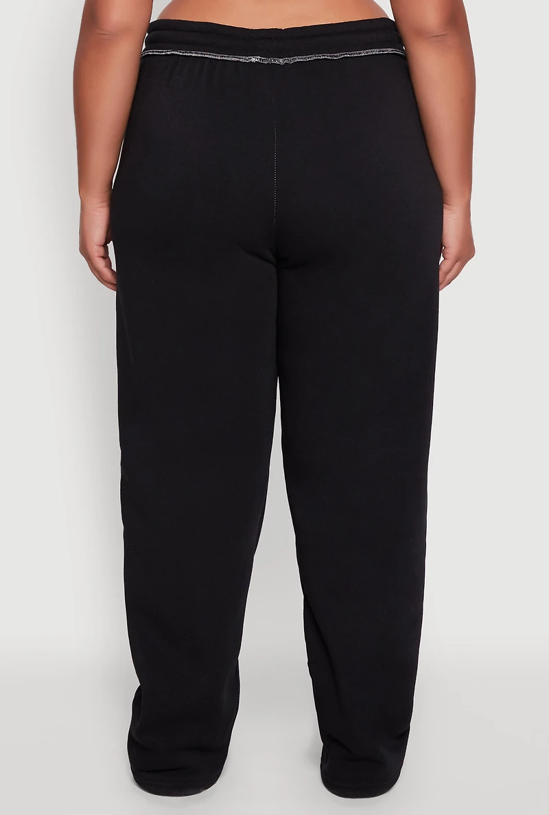 Womens Plus Size High Waisted Wide Leg Fleece Sweatpants, Black, Size 1X