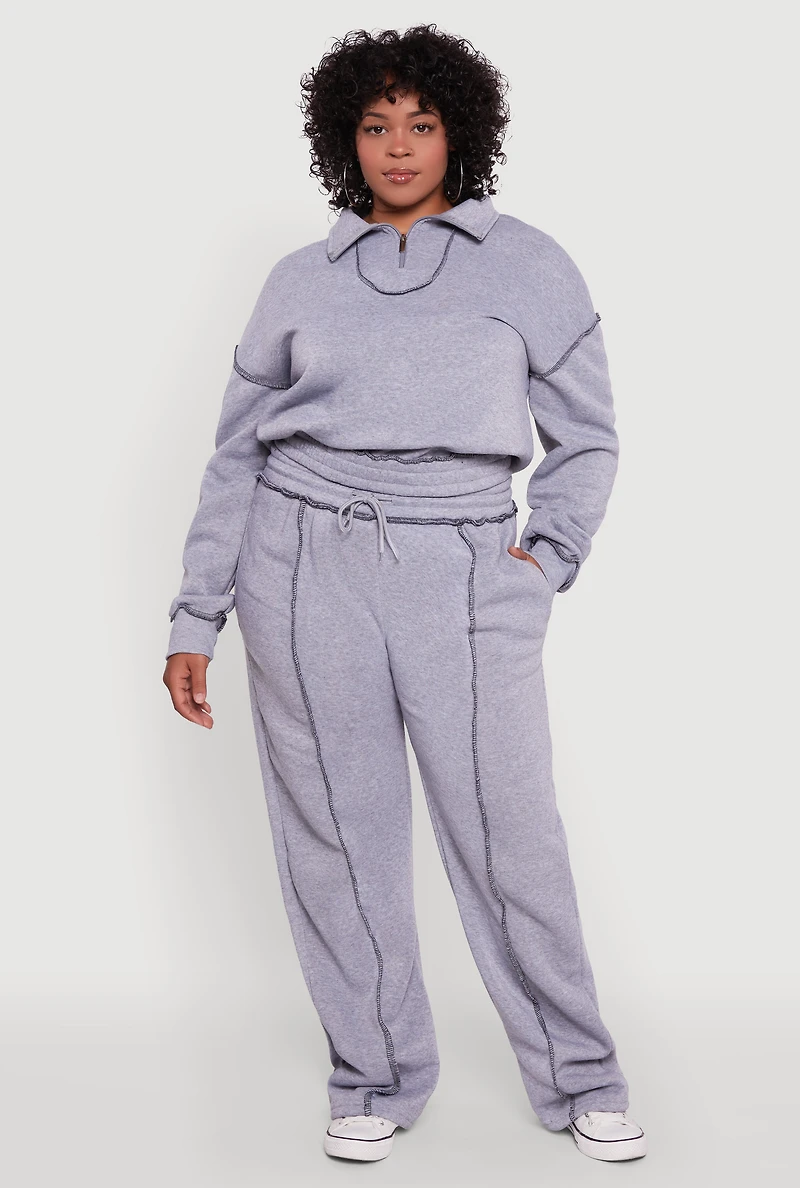 Womens Plus Size High Waisted Wide Leg Fleece Sweatpants, Grey, Size 3X