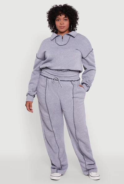 Womens Plus Size High Waisted Wide Leg Fleece Sweatpants, Grey, Size 3X
