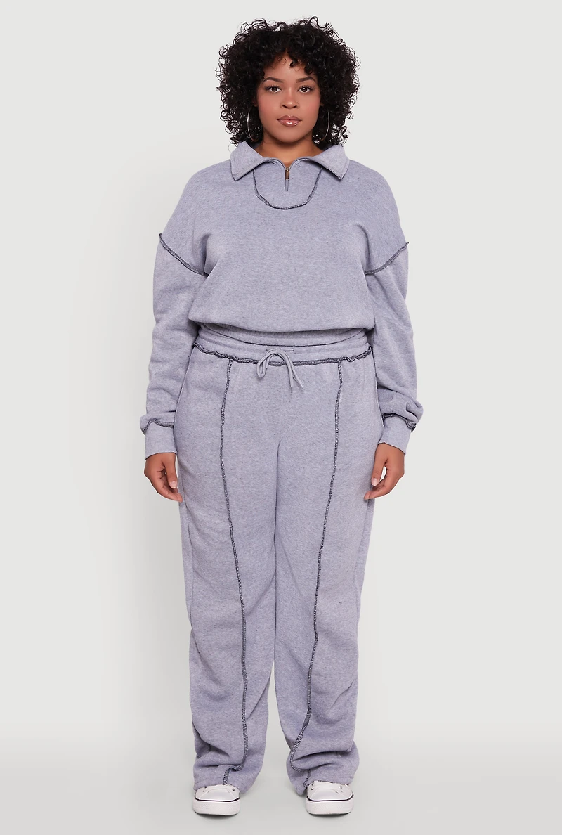 Womens Plus Size High Waisted Wide Leg Fleece Sweatpants, Grey, Size 3X