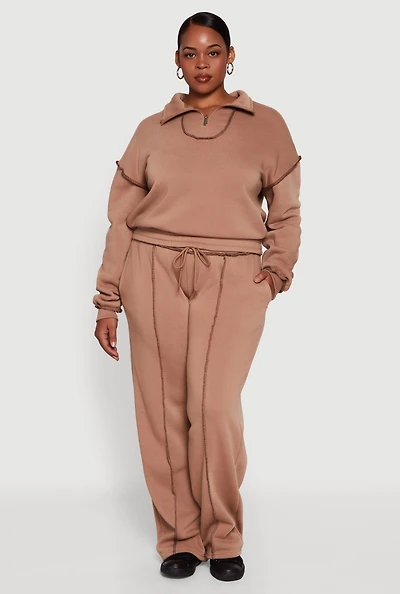 Womens Plus High Waisted Wide Leg Fleece Sweatpants,
