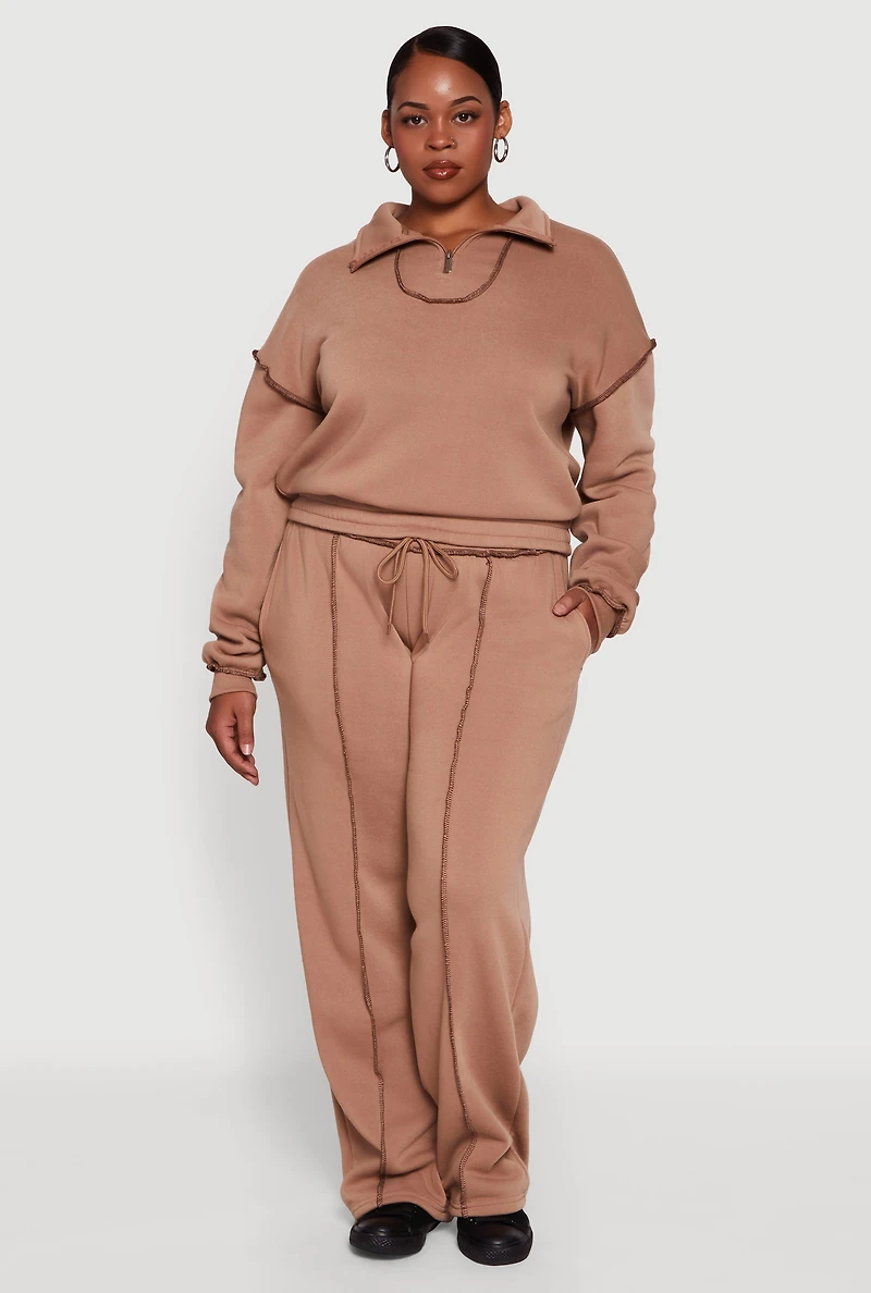 Womens Plus Size High Waisted Wide Leg Fleece Sweatpants, Khaki, Size 2X