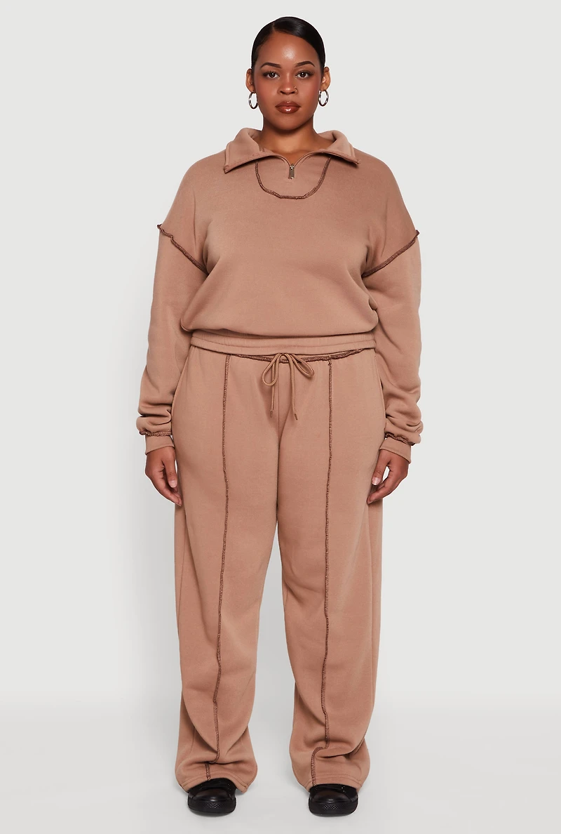 Womens Plus Size High Waisted Wide Leg Fleece Sweatpants, Khaki, Size 2X