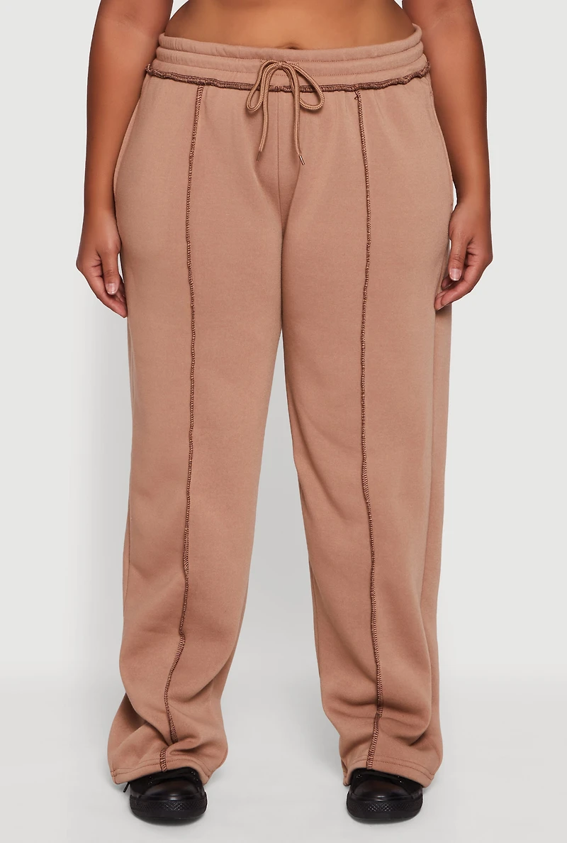 Womens Plus Size High Waisted Wide Leg Fleece Sweatpants, Khaki, Size 2X