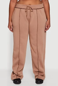 Womens Plus Size High Waisted Wide Leg Fleece Sweatpants, Khaki, Size 2X