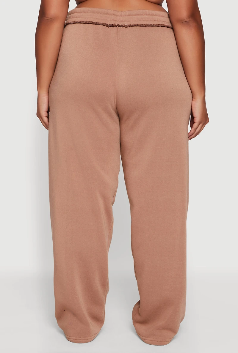 Womens Plus Size High Waisted Wide Leg Fleece Sweatpants, Khaki, Size 2X
