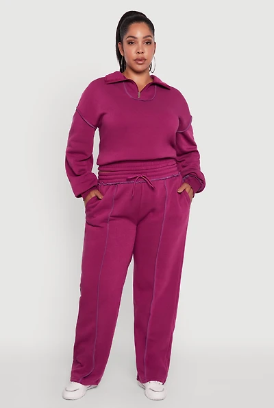 Womens Plus Size High Waisted Wide Leg Fleece Sweatpants, Purple, Size 3X