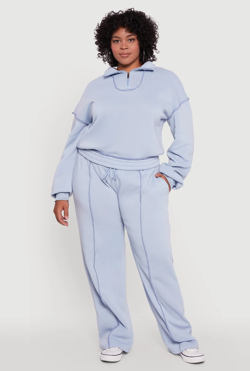Plus High Waisted Wide Leg Fleece Sweatpants