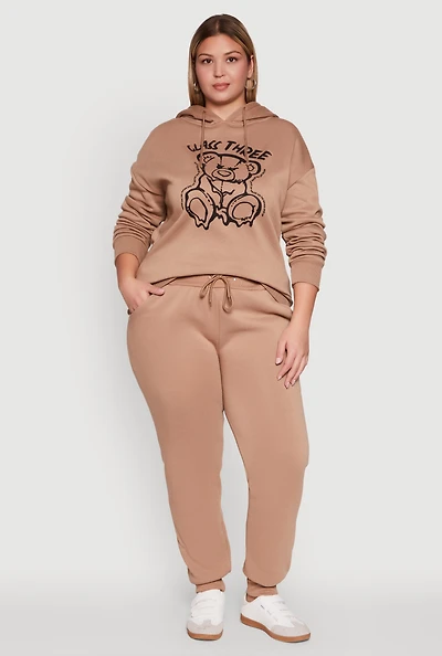 Womens Plus Size High Waisted Fleece Drawstring Waist Joggers, Khaki, Size 1X