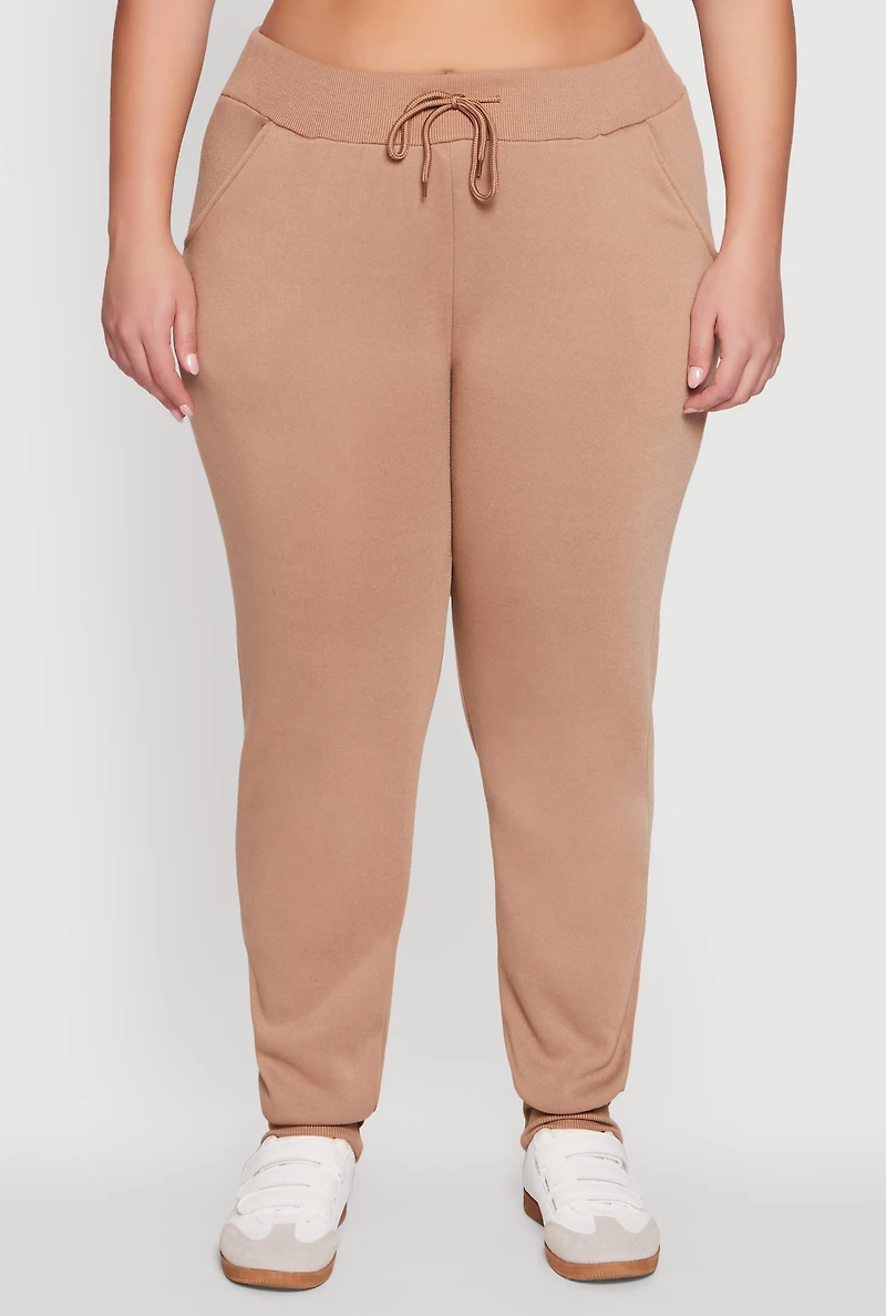 Womens Plus Size High Waisted Fleece Drawstring Waist Joggers, Khaki, Size 1X